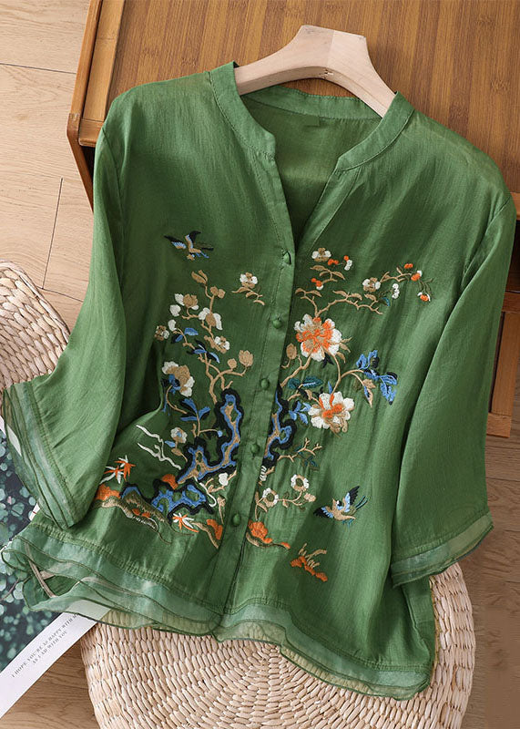 Green Embroideried Button Patchwork Linen Top Bracelet Sleeve