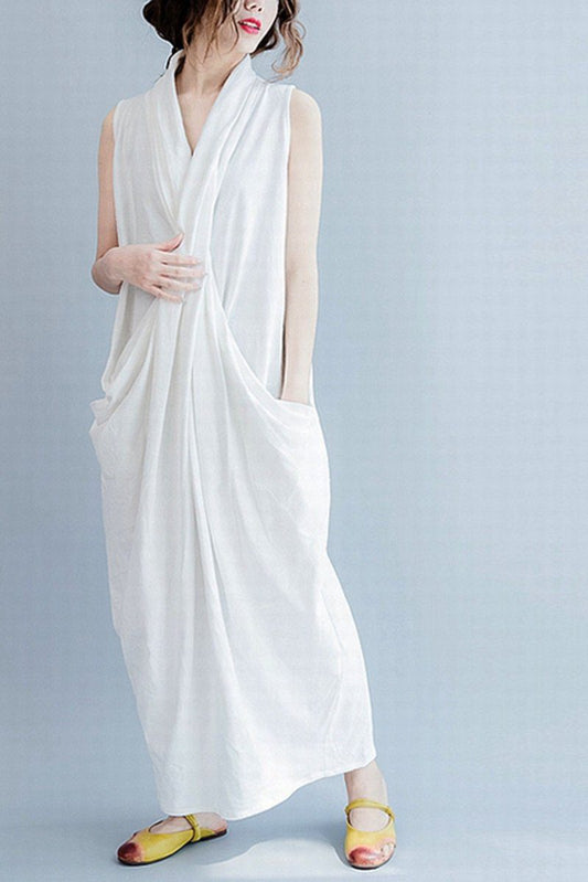White Sleeveless Cross Oversize Long Dresses