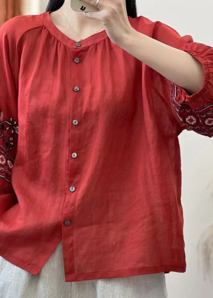 Retro Red Embroidered Button Patchwork Linen Shirt Top Lantern Sleeve