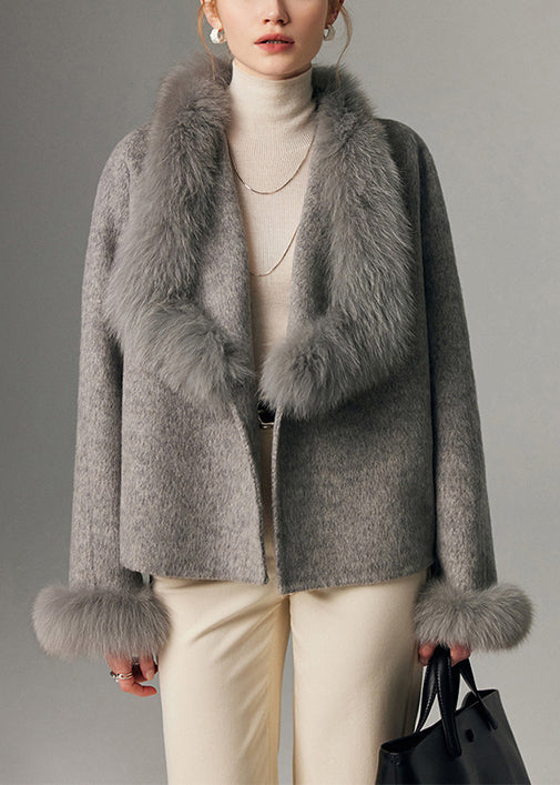 Grey Oversized Patchwork Fox Fur Wool Cardigan Winter
