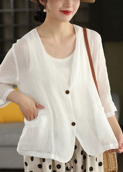 Coffee V Neck Pockets Striped Linen Jacket Summer