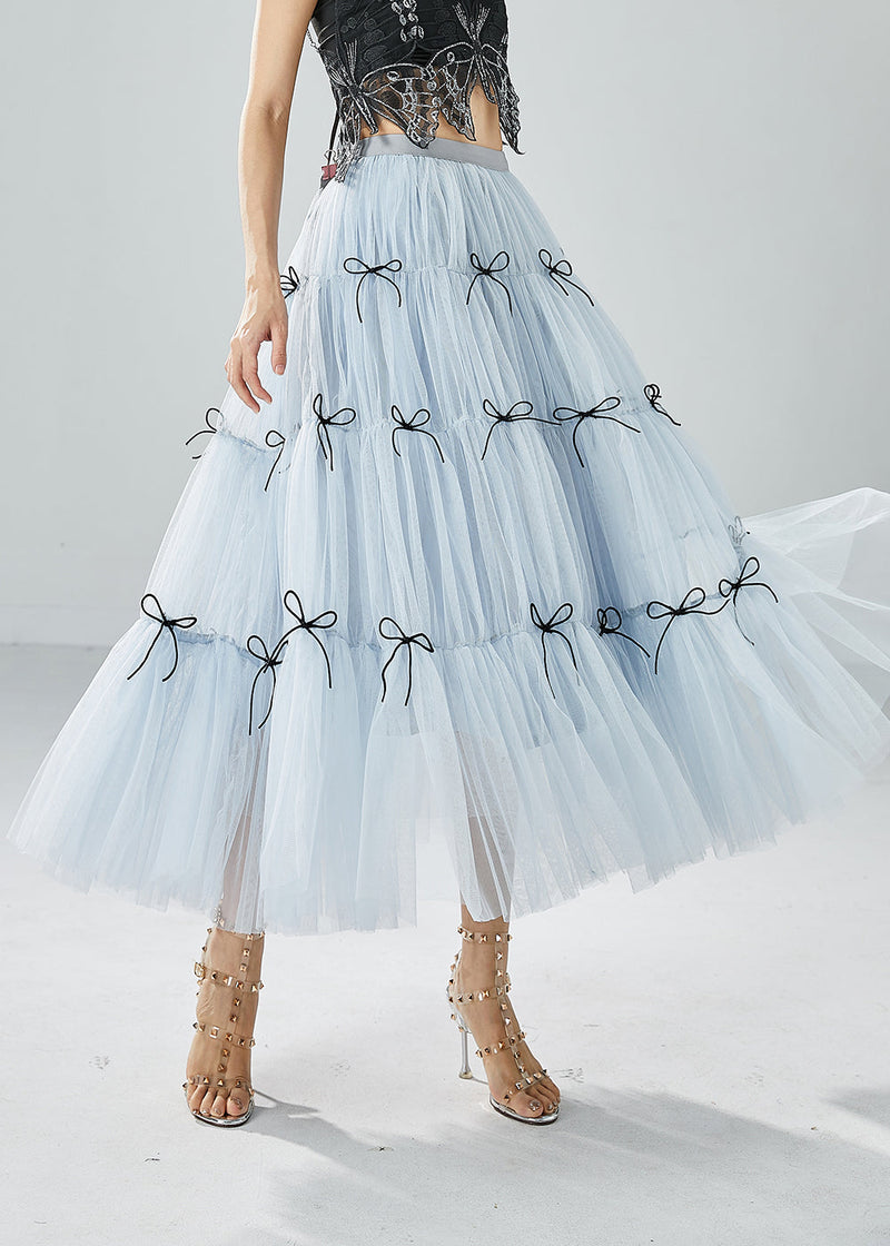 Sky Blue High Waist Patchwork Bow Tulle Skirt Summer