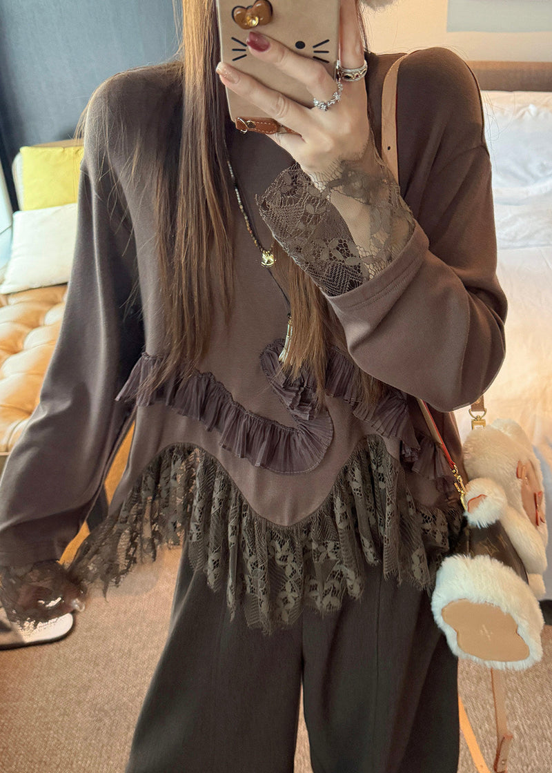 Chocolate Oversized Patchwork Lace Tops Spring