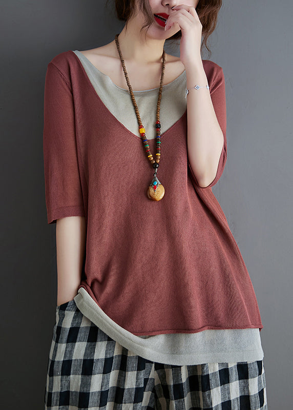 Brick Red Patchwork Knit Tanks Summer