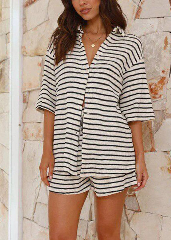 White Striped Peter Pan Collar Shirts and Shorts Two Pieces Set Summer