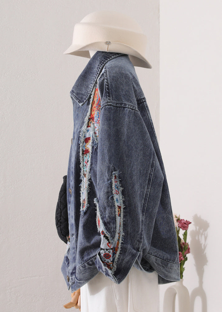 Blue Peter Pan Collar Patchwork Denim Coat Fall