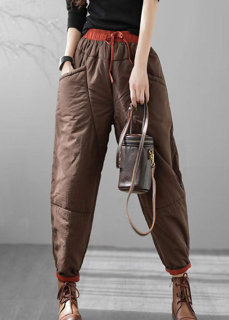 Orange Elastic Waist Pockets Patchwork Fine Cotton Filled Pants Winter
