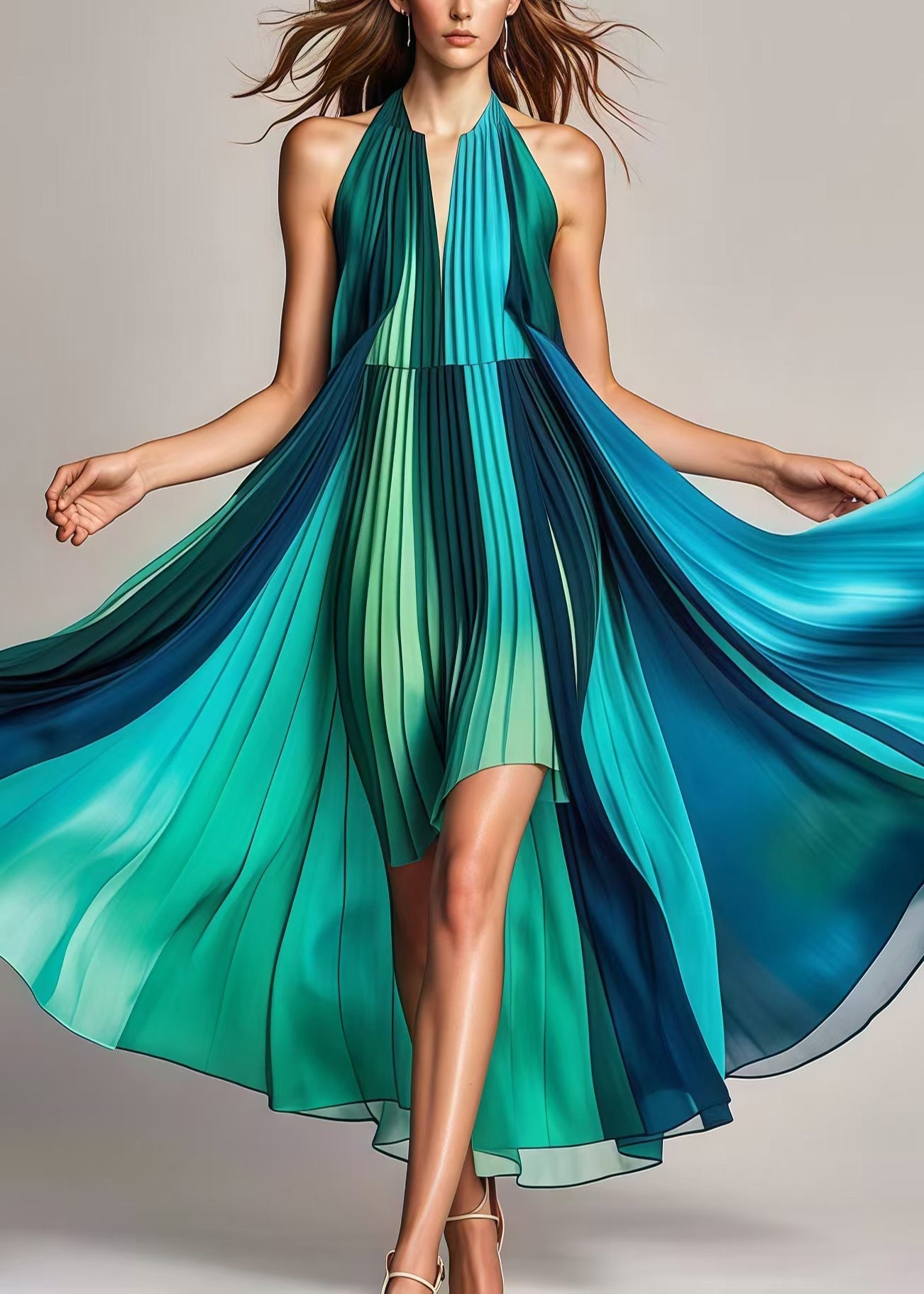 Gradient Color Asymmetrical Exra Large Hem Silk Pleated Dresses Summer