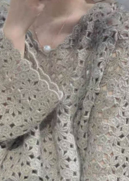 Grey V Neck Hollow Out Knit Tops Fall