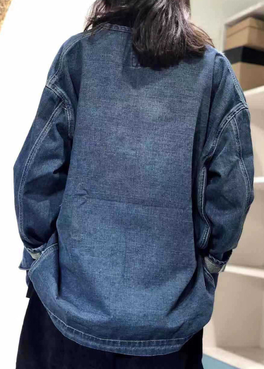 Blue O Neck Pockets Button Patchwork Denim Coat Fall