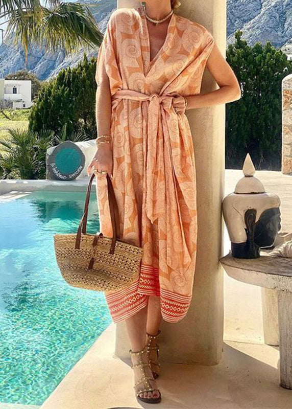 Orange V Neck Print Lace Up Cotton Dress Summer