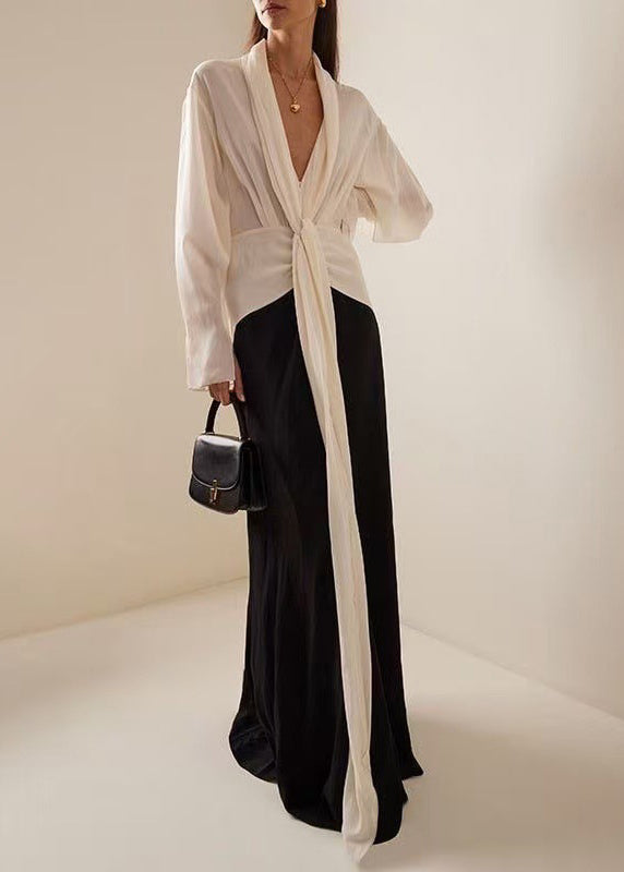 European and American Color Blocked V-neck Long Sleeved Dress