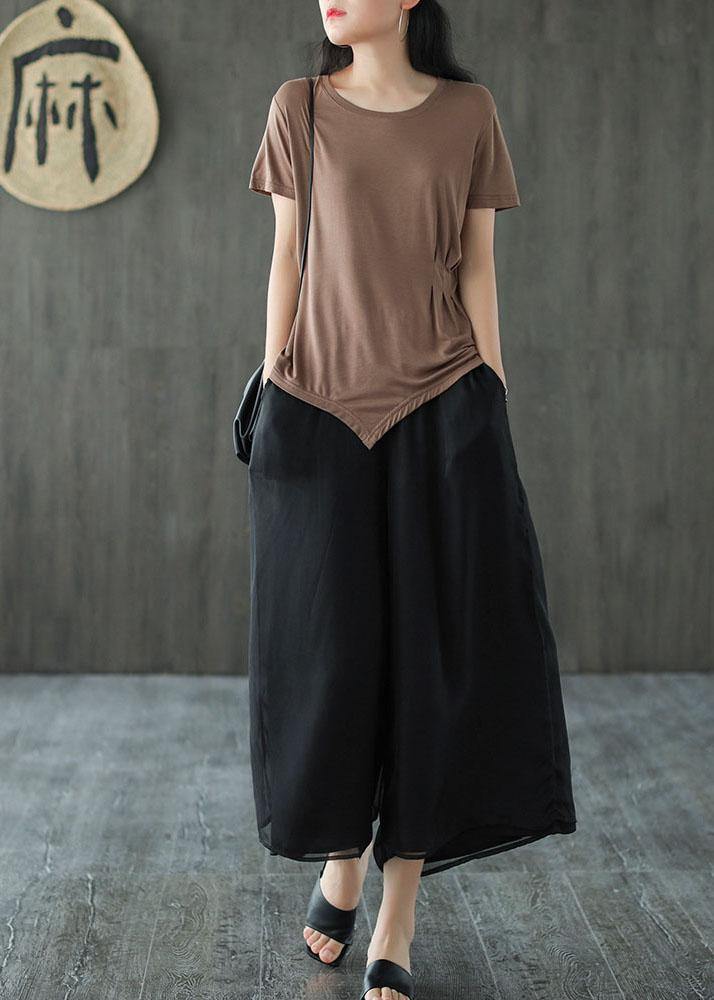 Handmade Black-print2 Elastic Waist Retro Wide Leg Crop Pants