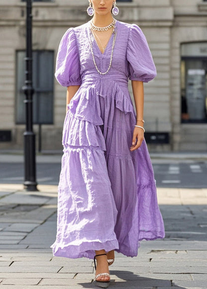 Purple Puff Sleeve Exra Large Hem Cotton Long Dresses