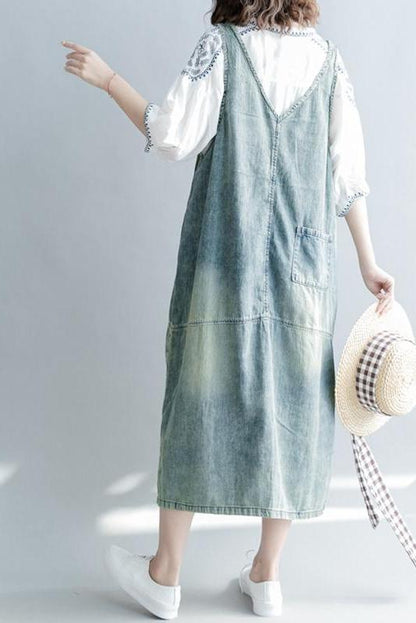 Loose Print Blue Denim Sundresses Outfits