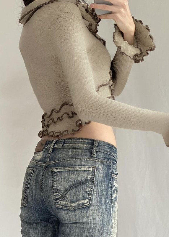 Ruffled Patchwork Tie Wais Knit Tops Flare Sleeve