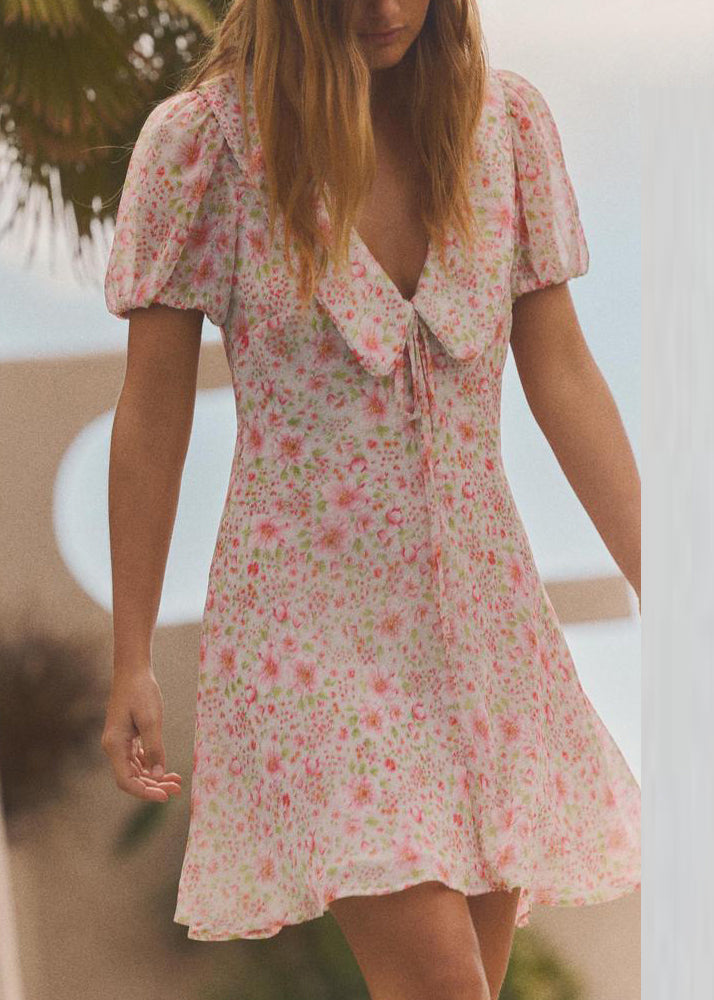 Pink Print Lace Up Cotton Mid Dress Summer