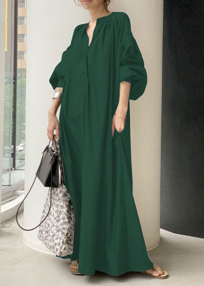 Apricot V Neck Oversized Long Dresses Lantern Sleeve