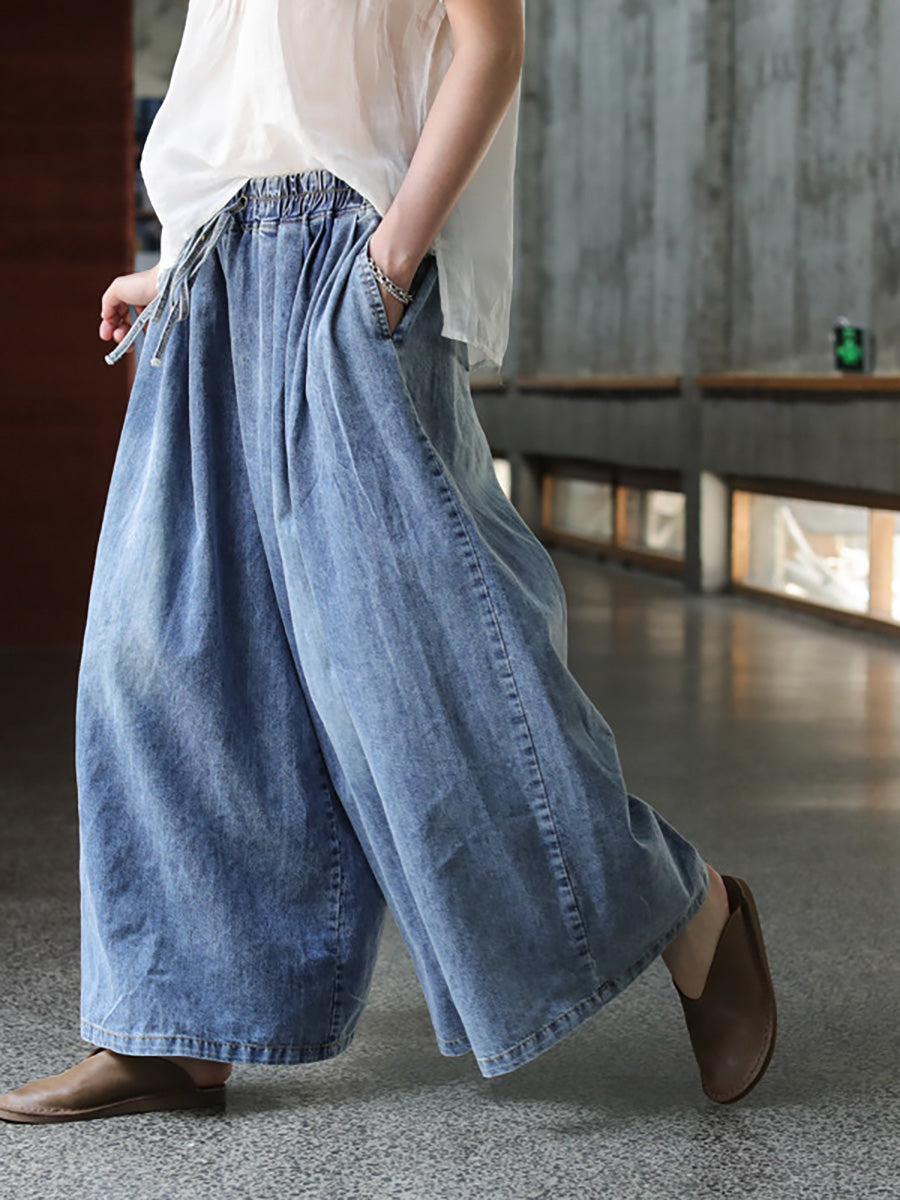 Drawstring Blue Denim Wide Leg Pants Jeans