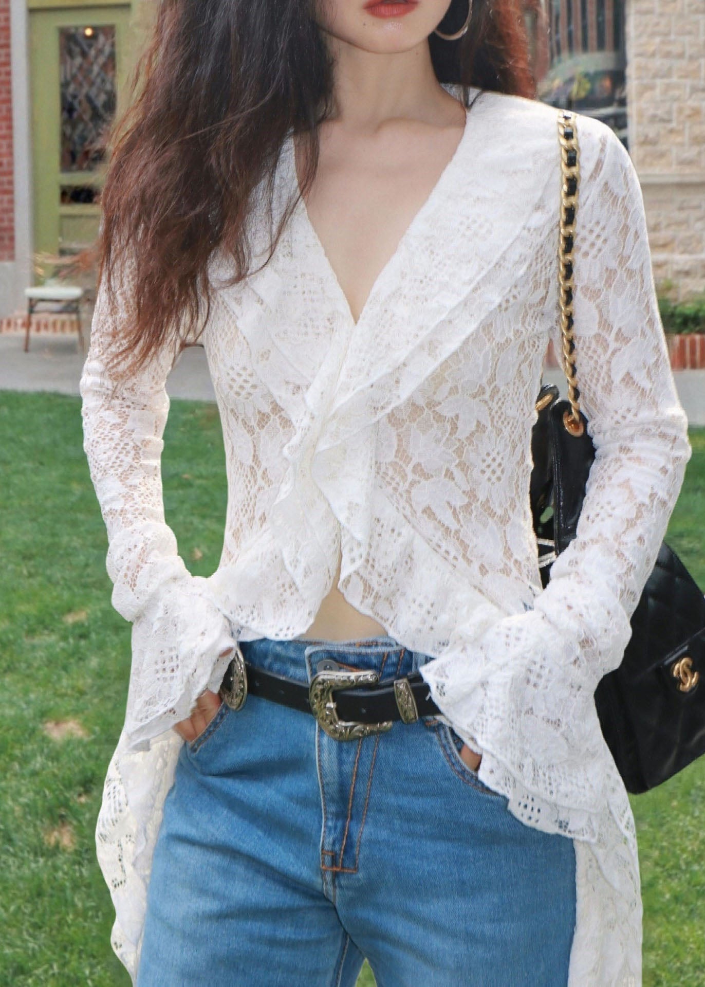 French White Lace Long V-neck Cardigan Fall