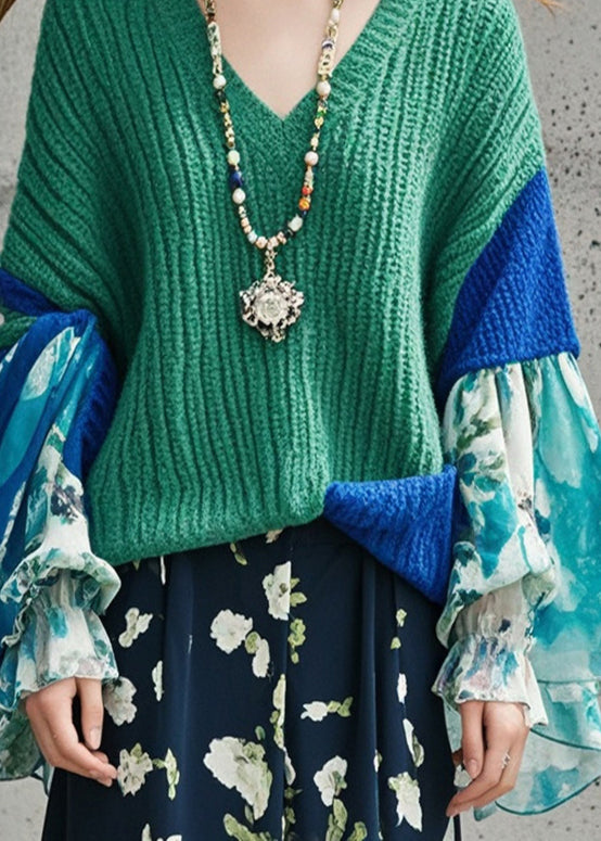 Tea Green V Neck Patchwork Print Sweater Tops Fall