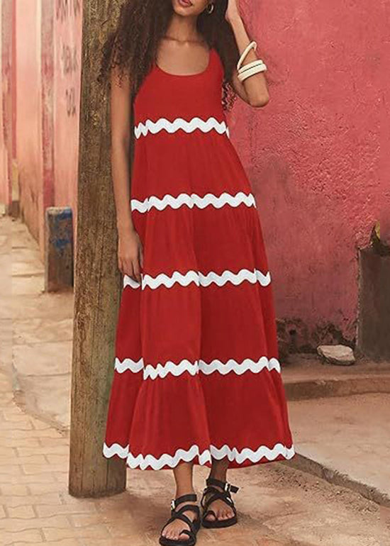 Loose Black U Neck Striped Patchwork Cotton Long Dress Summer