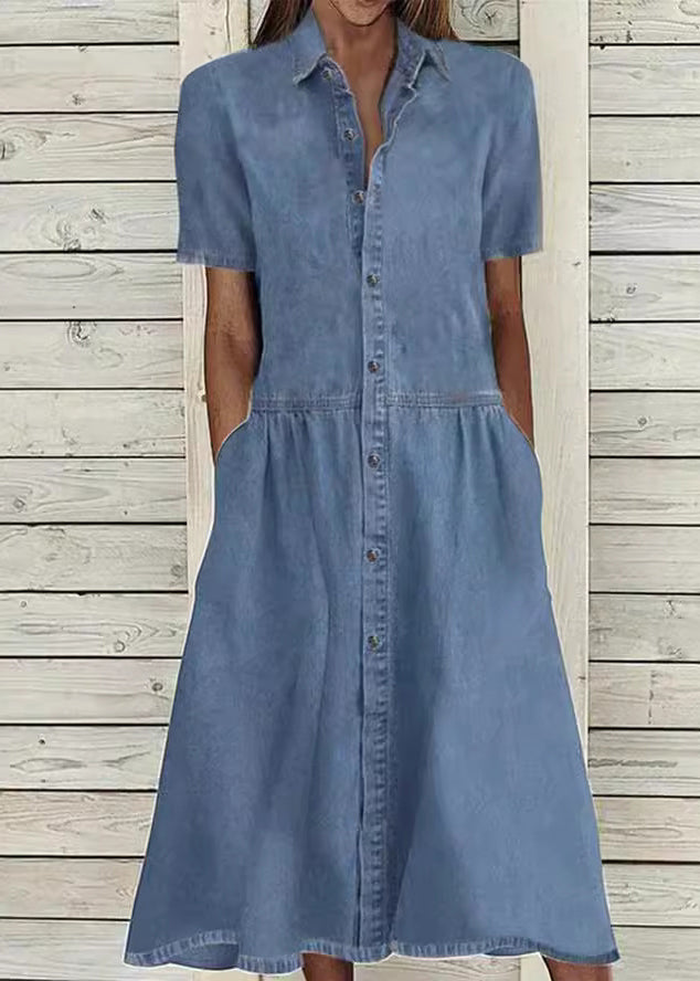 Blue Peter Pan Collar Button Denim Dress Summer