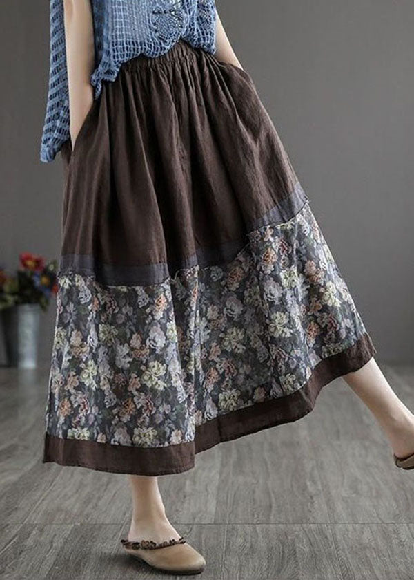 Coffee Wrinkled Pockets Print Patchwork Linen Skirt Summer