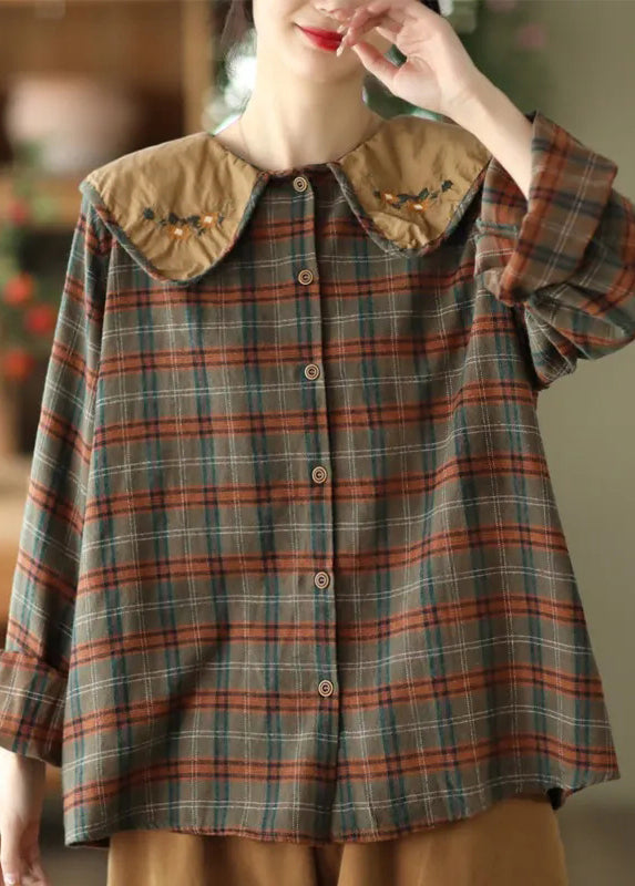 Art Green Plaid Embroidered Cotton Blouses Spring