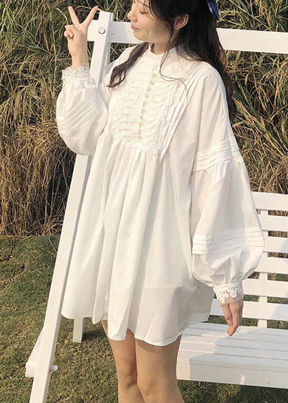 White Oversized Nail Bead Cotton Mini Dress Spring