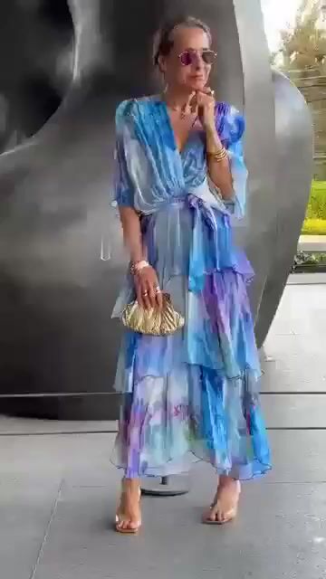 Loose Blue Layered Ruffled Print Chiffon Dress Butterfly Sleeve