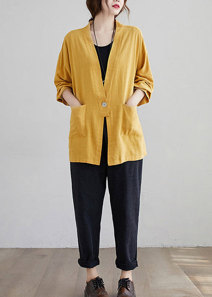 Yellow V Neck Pockets Patchwork Cotton Cardigan Fall