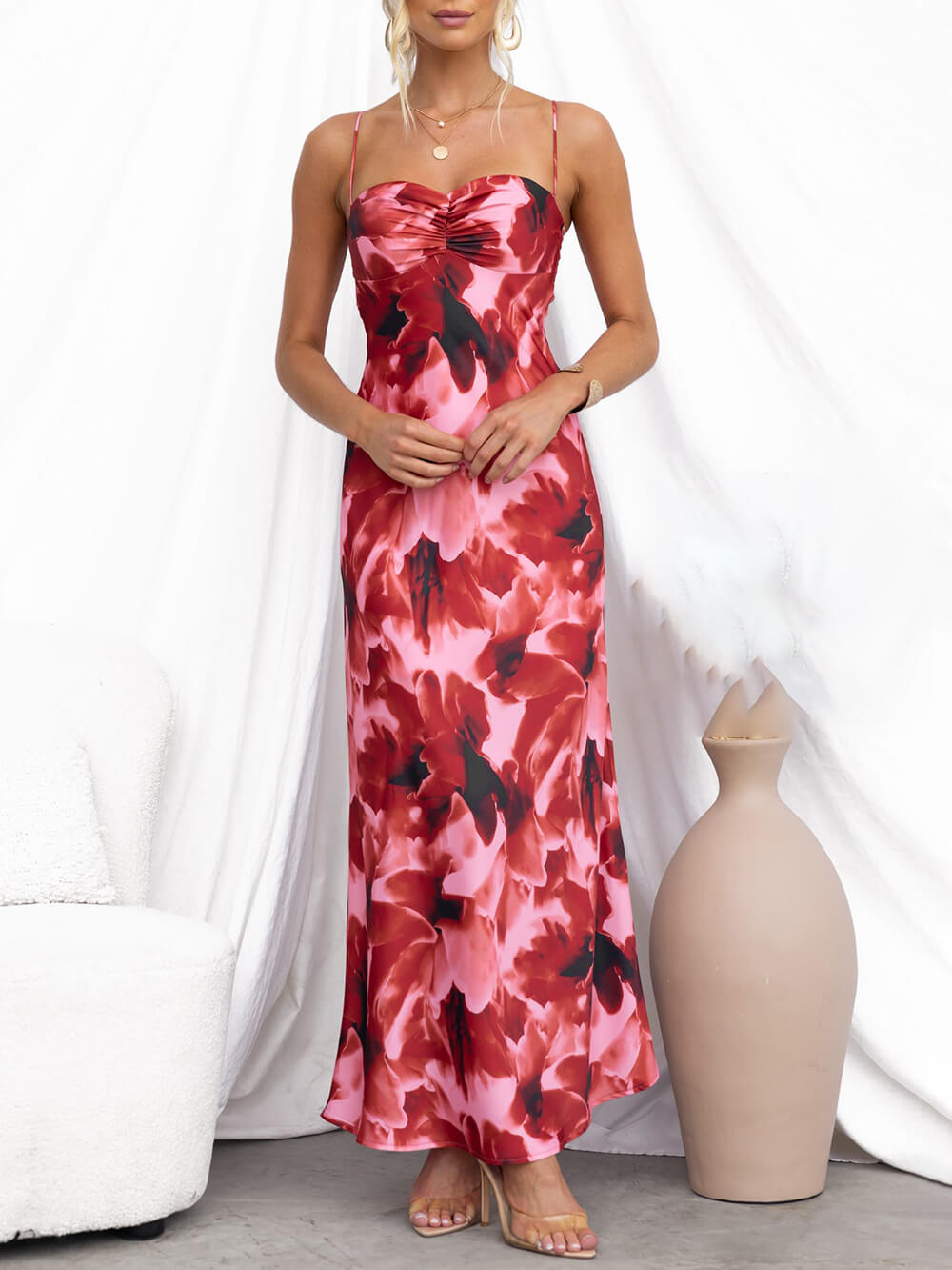 Ruched Bust Print Slip Maxi Dress