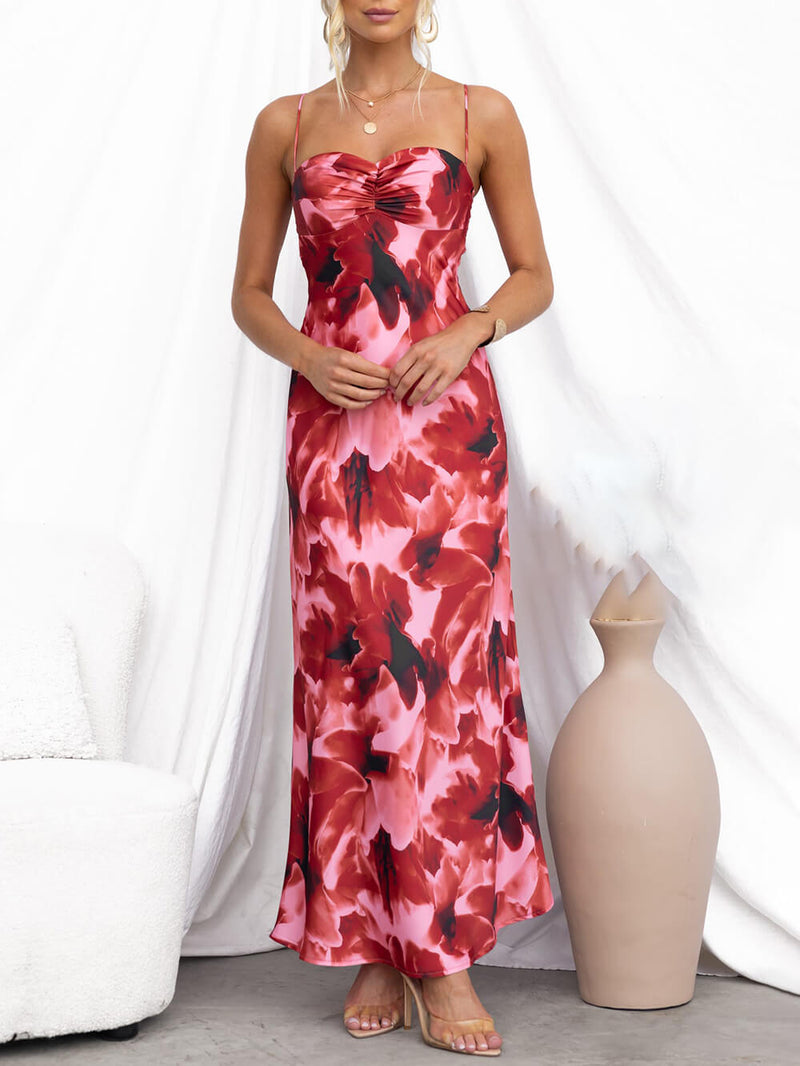 Ruched Bust Print Slip Maxi Dress