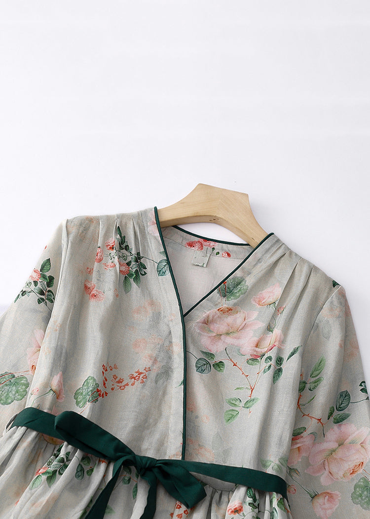 Green Button Print Lace Up Cotton Dresses Summer