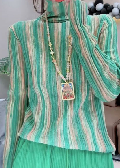 Green Hign Neck Striped Knit Blouse Tops Spring