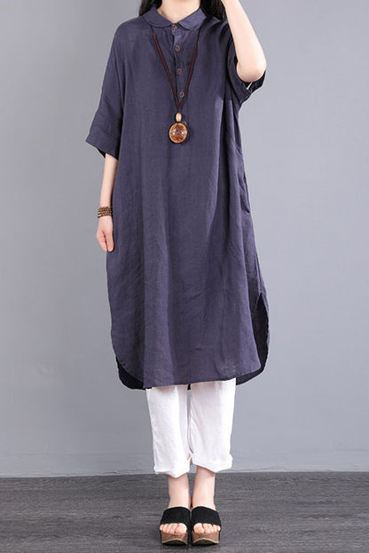 -summer Short-sleeved Long Shirt Color Cotton Linen Dress