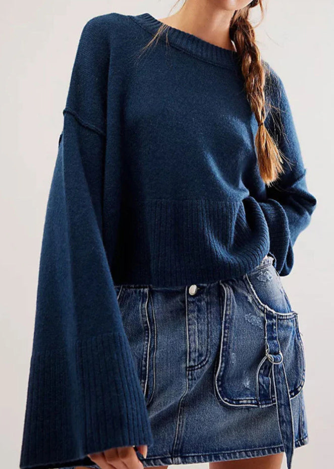 Brown O Neck Knit Short Sweaters Flare Sleeve