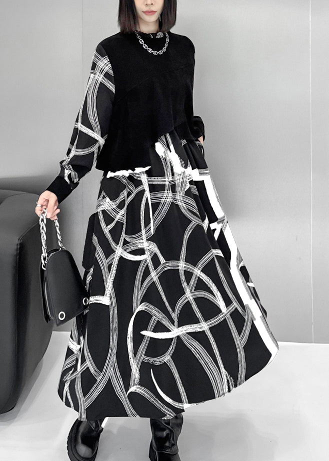 Black False Two Pieces Patchwork Cotton Dresses Fall