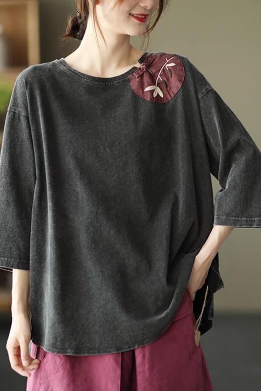 Cotton Split Patchwork O Neck T-shirt