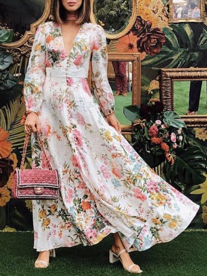V Neck Button Maxi Dress Lantern Sleeve
