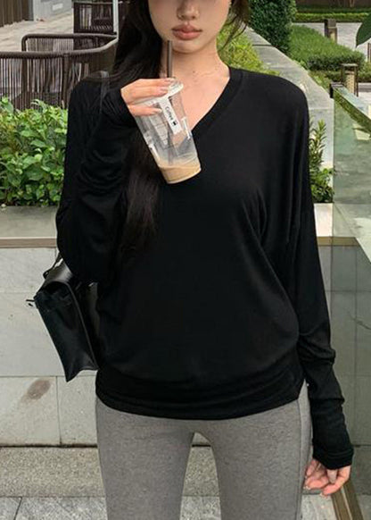 Loose Black Cozy Cotton T Shirts Batwing Sleeve