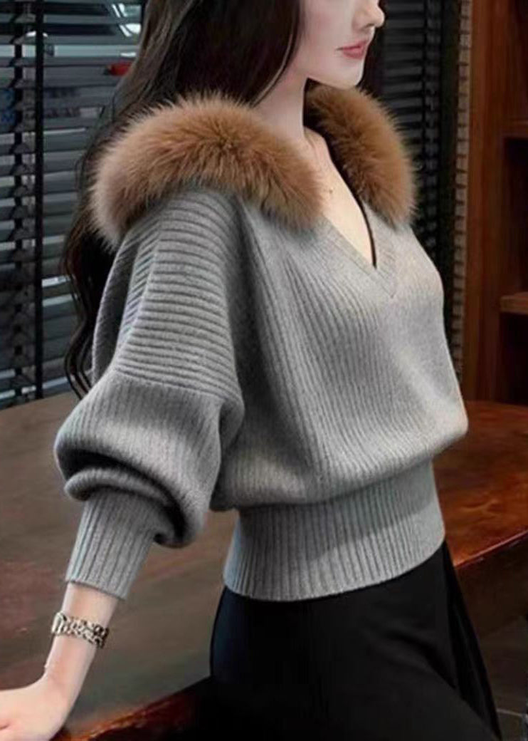 Slim Fit Beige Fur Collar Knit Sweater Tops Winter