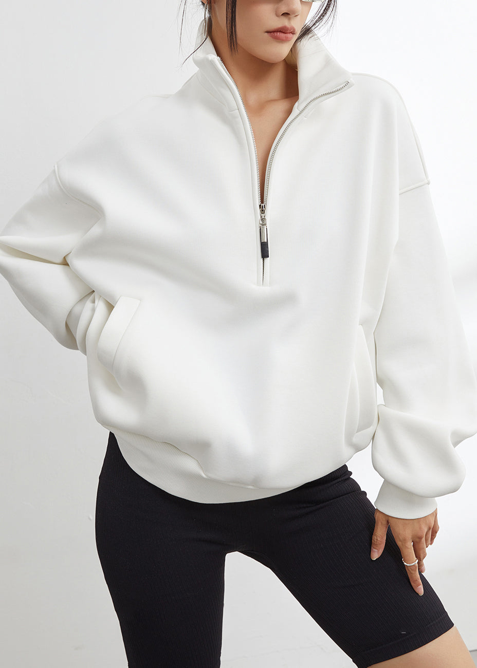 White Stand Collar Zip Up Warm Fleece Sweatshirt Winter