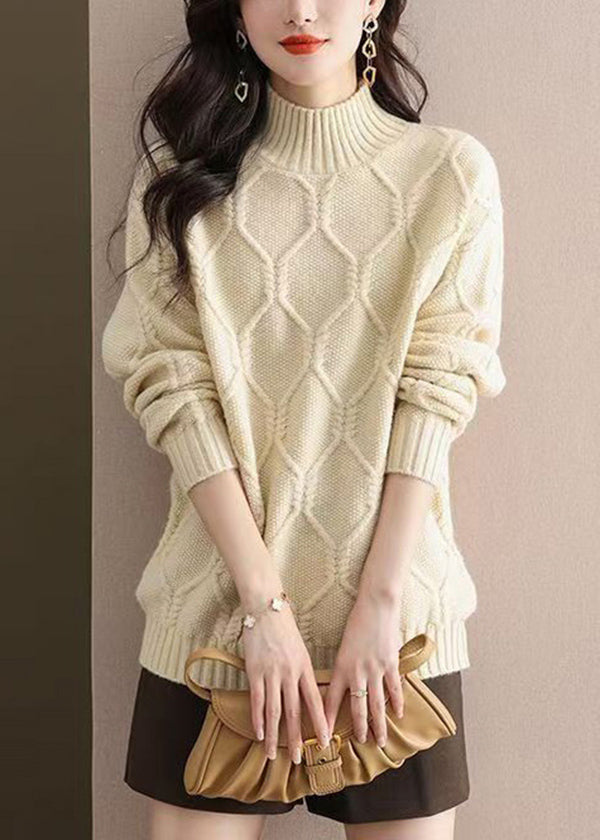 Beige Half Hign Neck Thick Knit Sweater Tops Fall