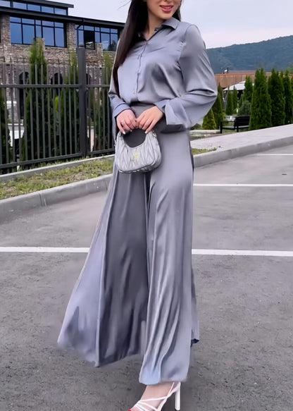 Italian Grey Peter Pan Collar Shirts and Skirts Silk Two Pieces Set Spring