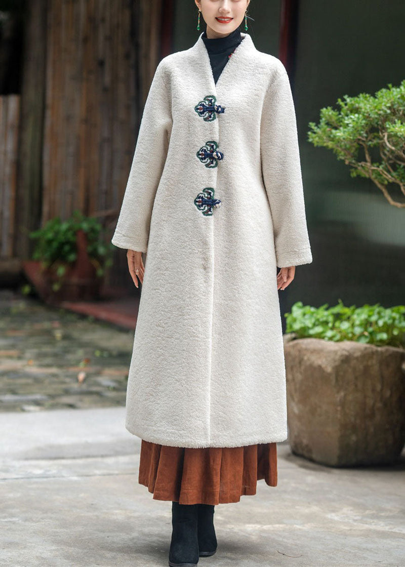 Modern Beige V Neck Embroidered Thick Teddy Faux Fur Lengthen Coats Winter