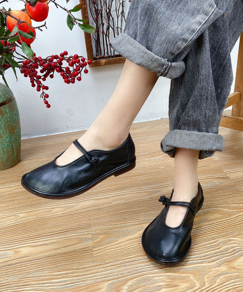 Splicing Flat Shoes for Black Cowhide Leather