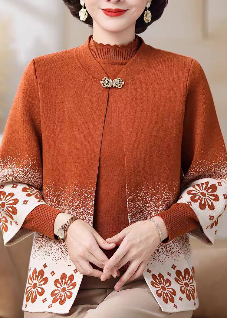 Orange Stand Collar Button Cotton Knit Cardigans and Sweater Two-piece Set Fall