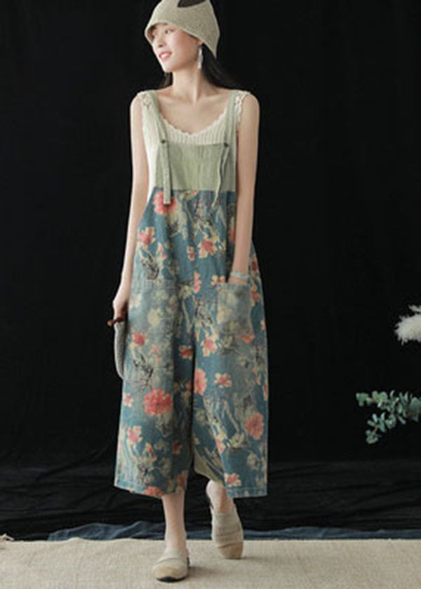 Blue Pockets Patchwork Print Cotton Denim Wide Leg Pants Jumpsuit